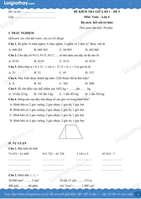 Đề kiểm tra giữa học kì 1 Toán 4 Kết nối tri thức - Đề số 9